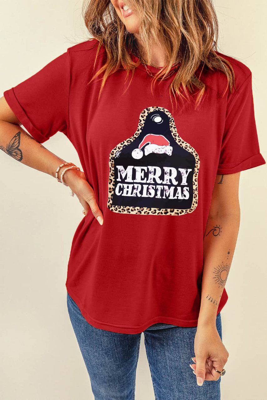 Red MERRY CHRISTMAS Leopard Frame Graphic Tee