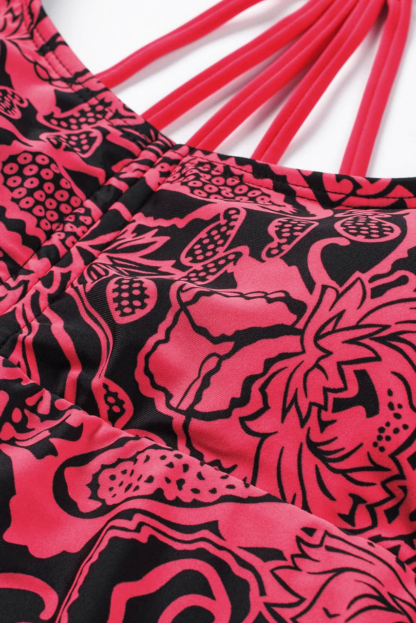Red Floral Printed Blouson Tankini Top
