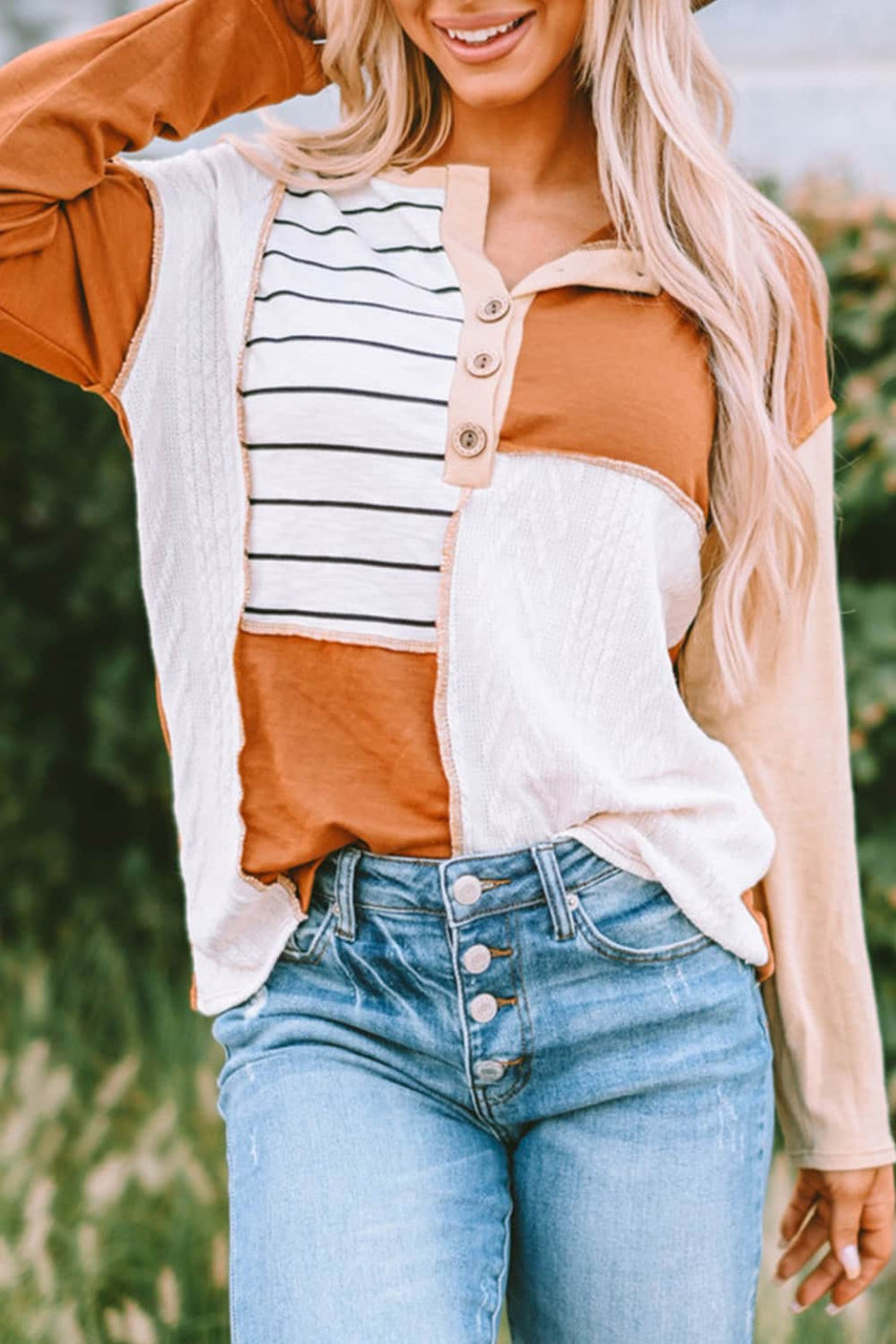 Orange Stripe Color Block Splicing Long Sleeve Henley Top