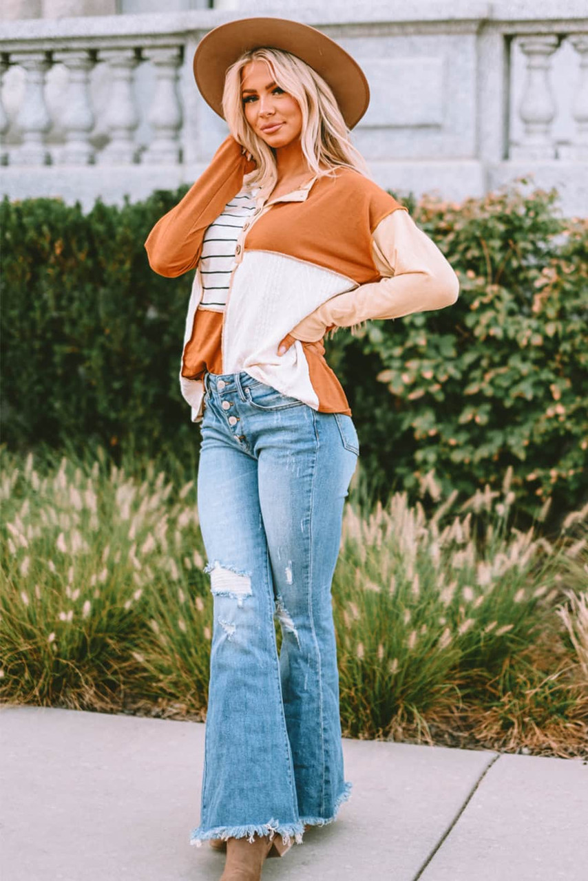 Orange Stripe Color Block Splicing Long Sleeve Henley Top