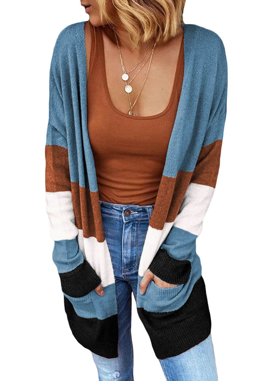 Blue Open Front Colorblock Cardigan with Pockets