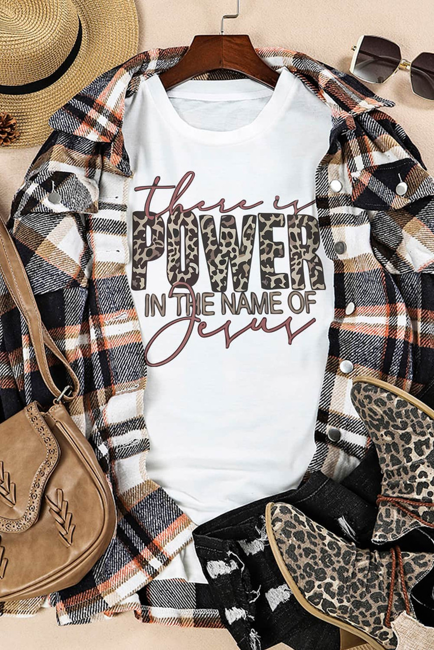 White This Is Power In The Name Of Jesus Leopard Letter Graphic Tee