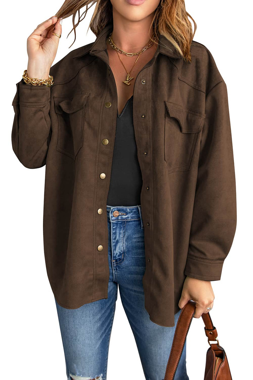 Brown Snap Button Up Suede Jacket