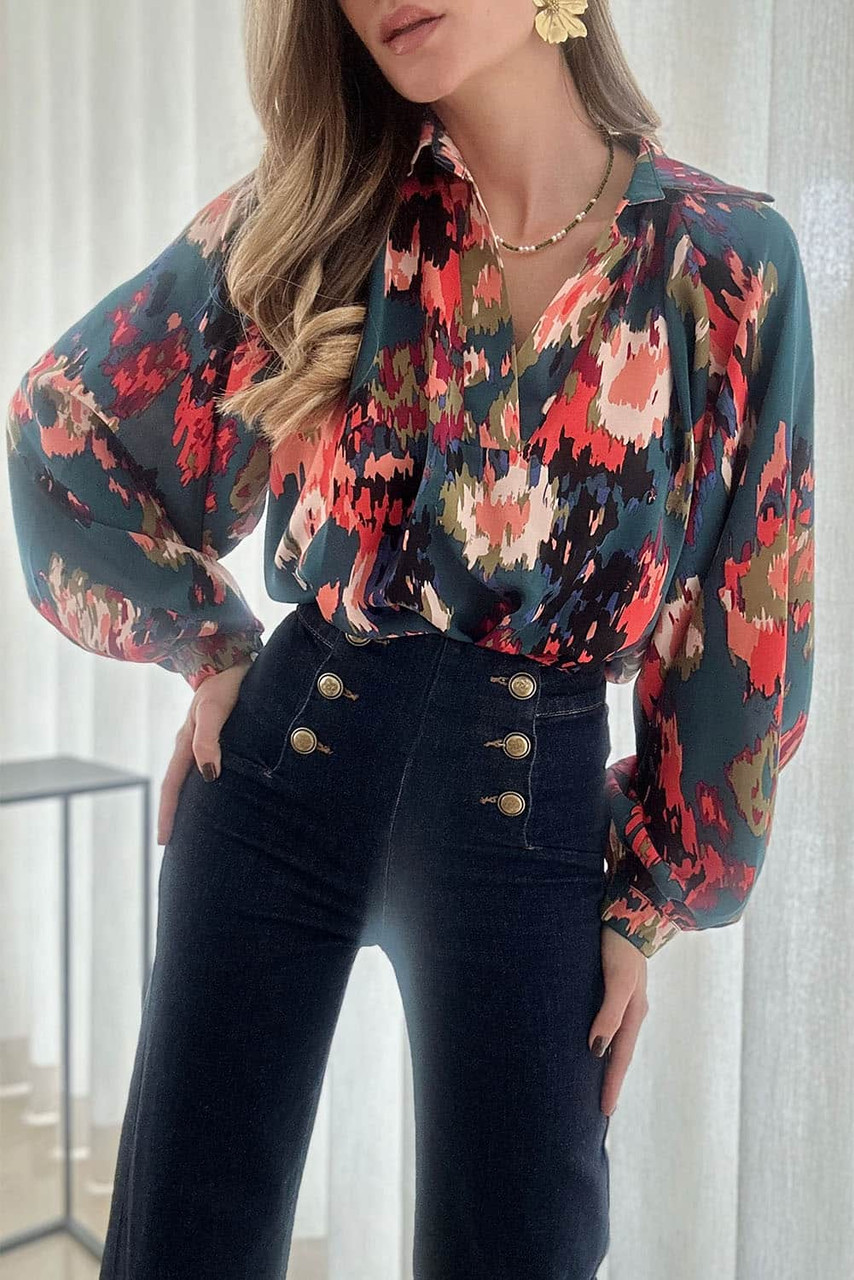 Green Graffiti Printed V Neck Puff Sleeve Blouse