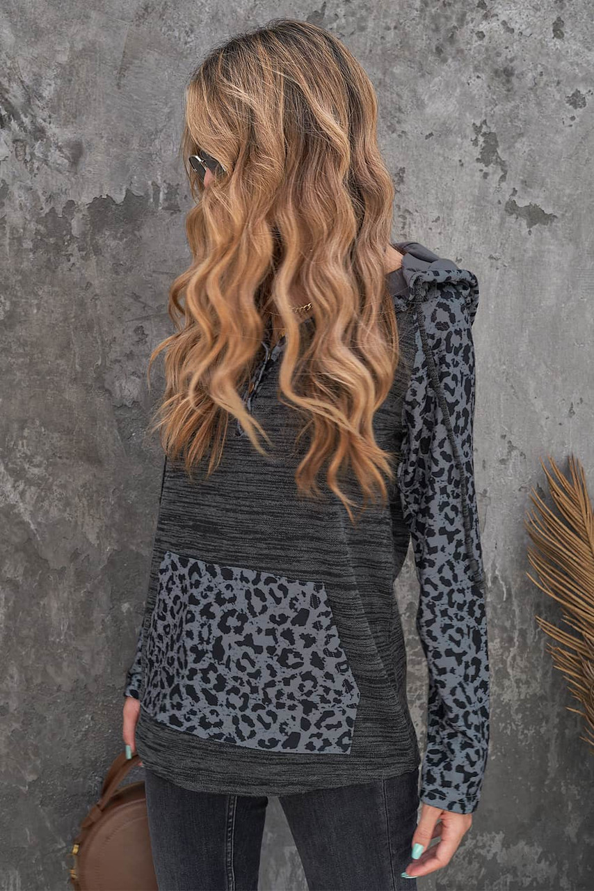 Color Block Leopard Long Sleeves Black Hoodie