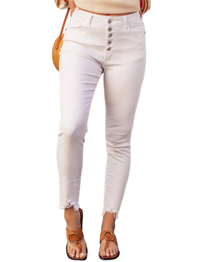 White Plain High Waist Buttons Frayed Cropped Denim Jeans