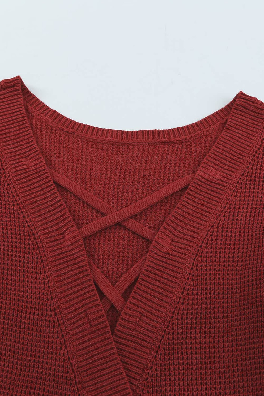 Red Cross Back Hollow-out Sweater