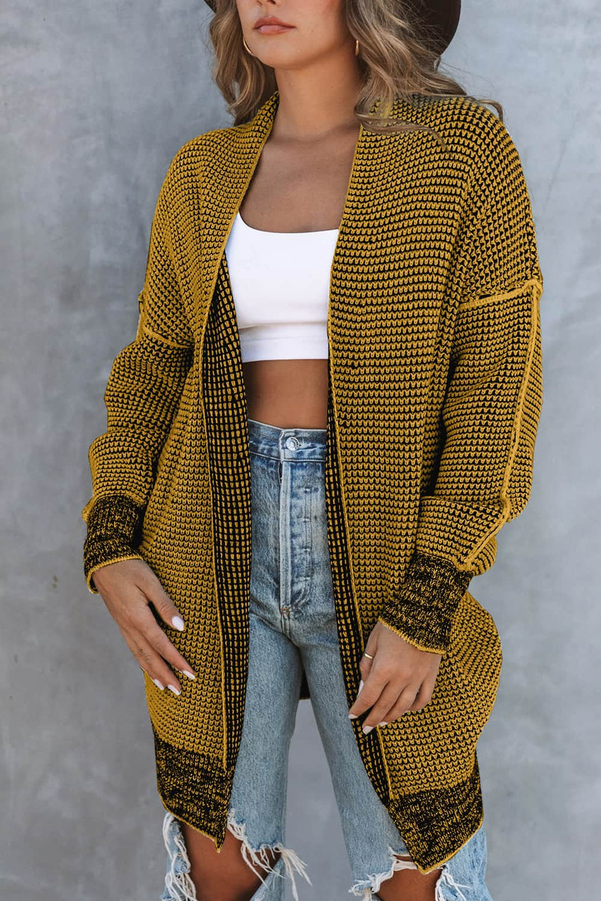 Yellow Plaid Knitted Long Open Front Cardigan