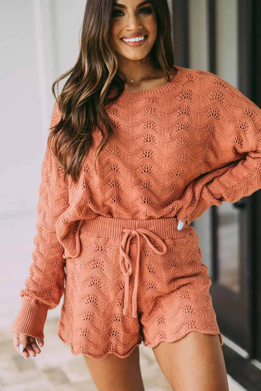 Orange 2pcs Scalloped Long Sleeve Sweater and Shorts Set