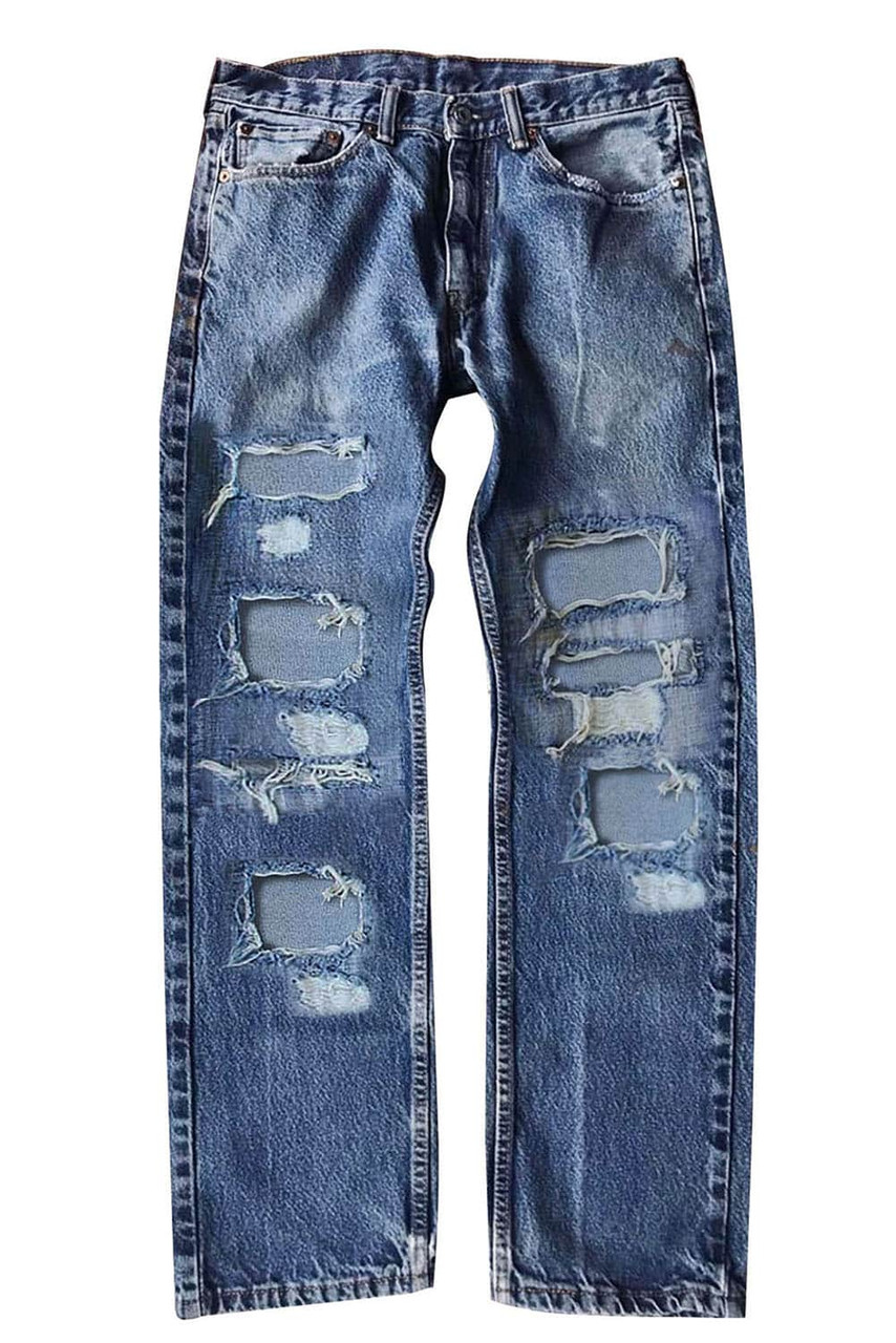 Blue Multi Hole Distressed Straight Leg Jeans