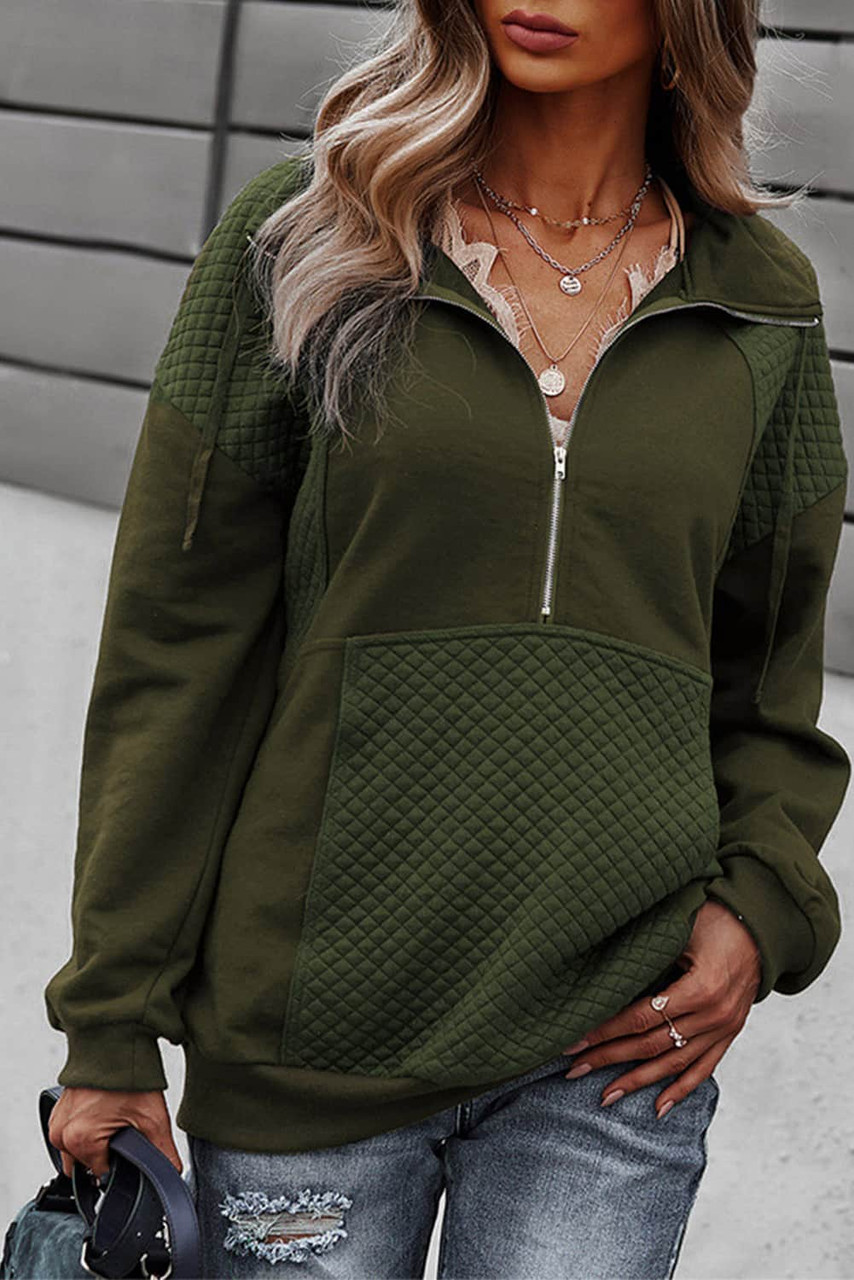 Green Quilted Patch Half Zipper Sweatshirt