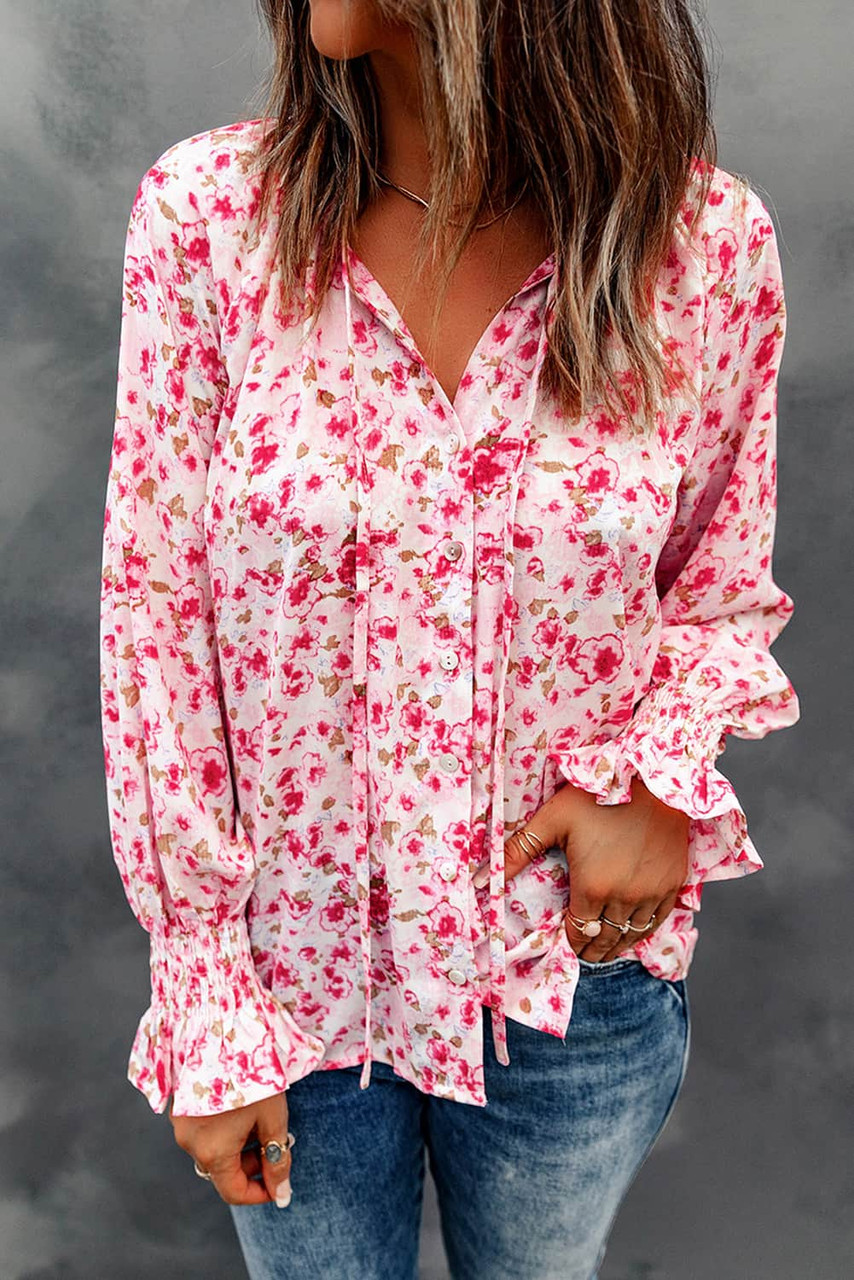 Red Floral Print Tie V Neck Button Up Blouse