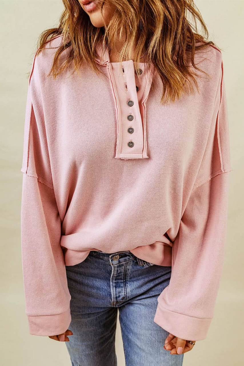 Pink Casual Button Solid Patchwork Trim Hoodie