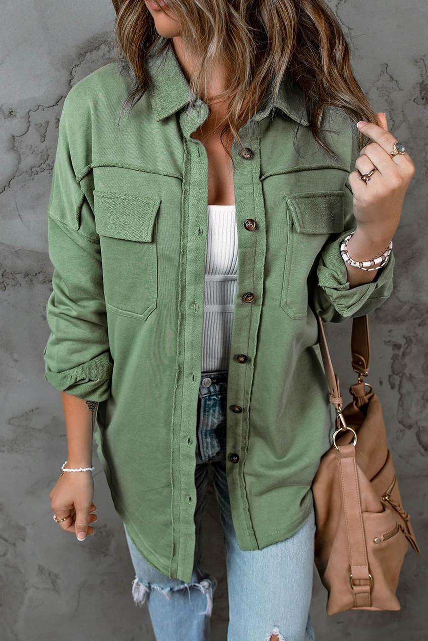 Green Buttoned Long Sleeve Pocketed Shirt Jacket