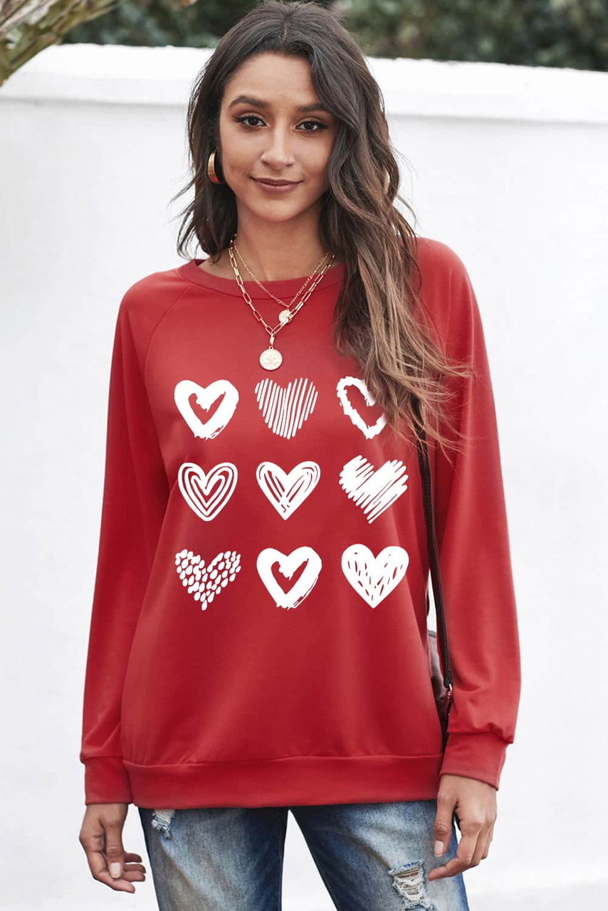 Red Hearts Print Crewneck Long Sleeve Sweatshirt