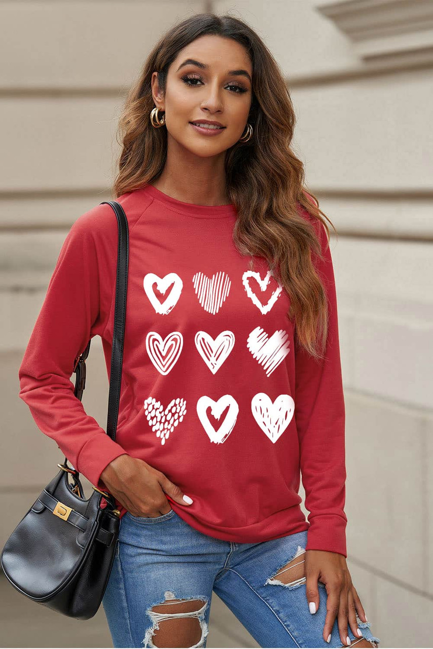 Red Hearts Print Crewneck Long Sleeve Sweatshirt