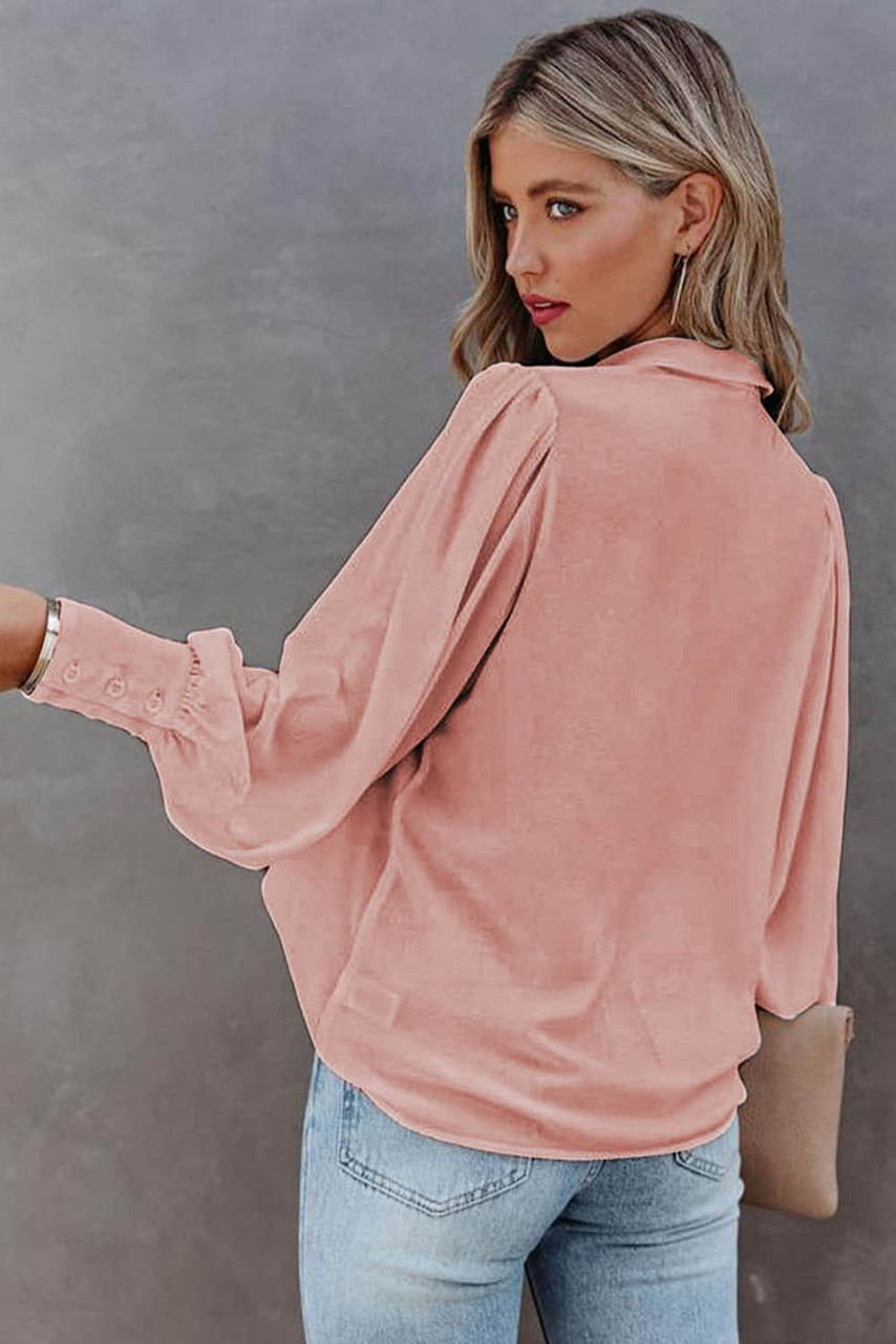 Pink Solid Button-up Loose Long Sleeve Shirt