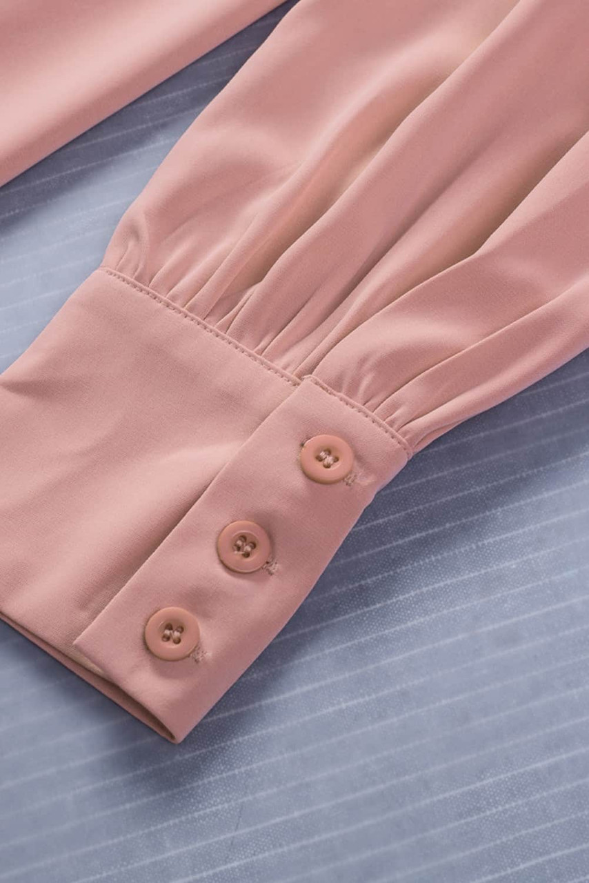 Pink Solid Button-up Loose Long Sleeve Shirt
