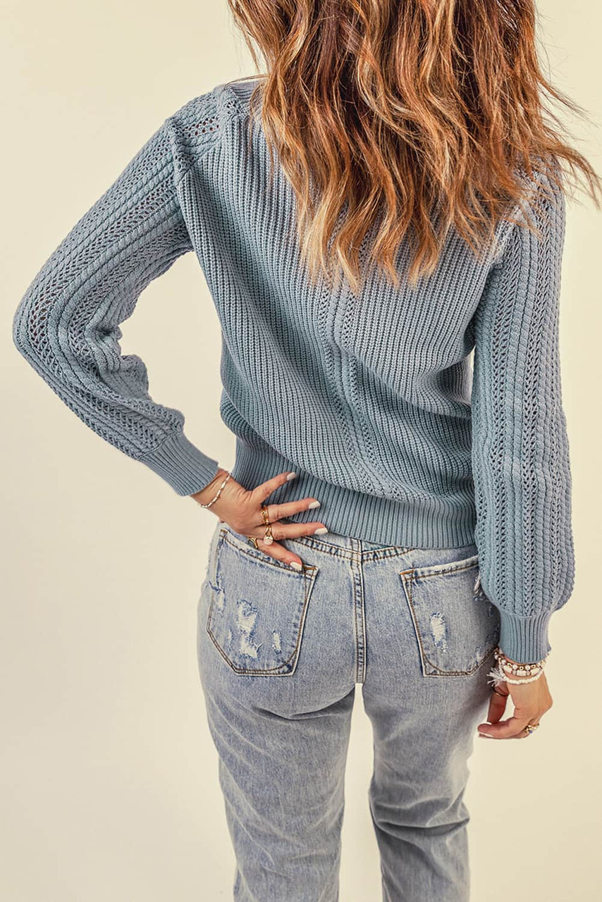 Gray Plain Hollow-out Knit Long Sleeve Pullover Sweater