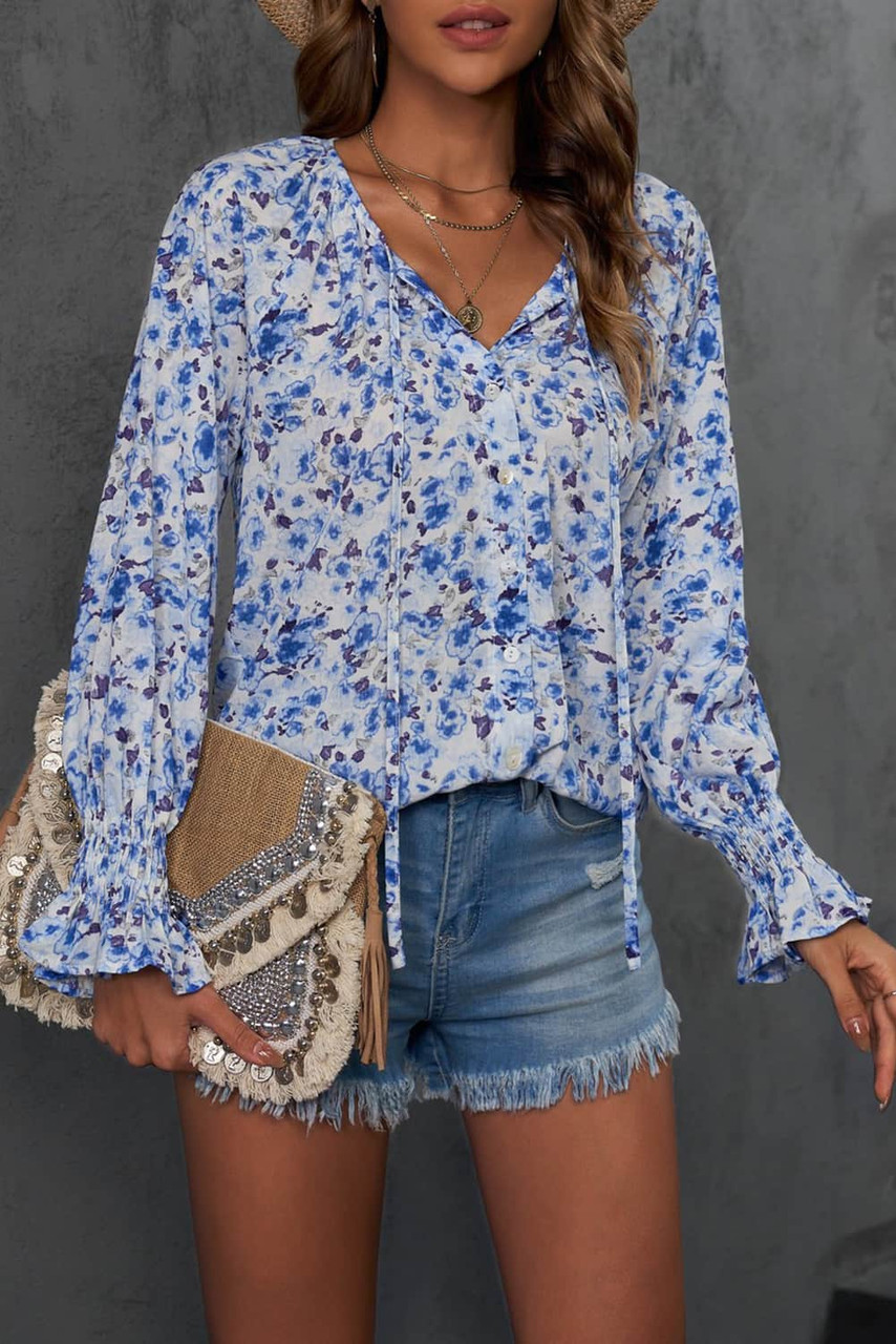 Blue Floral Print Tie V Neck Button Up Blouse