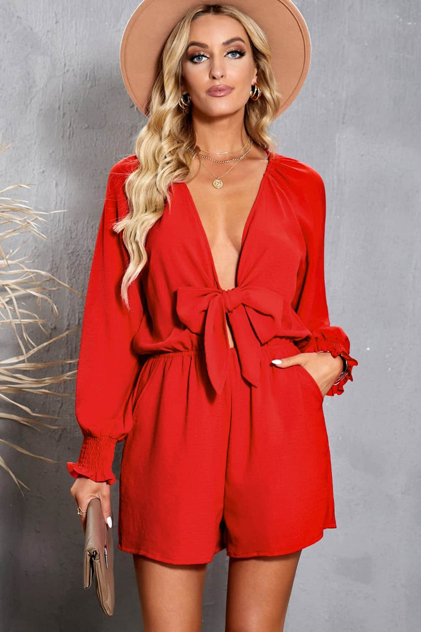 Red Tie Knot Puff Long Sleeve Romper