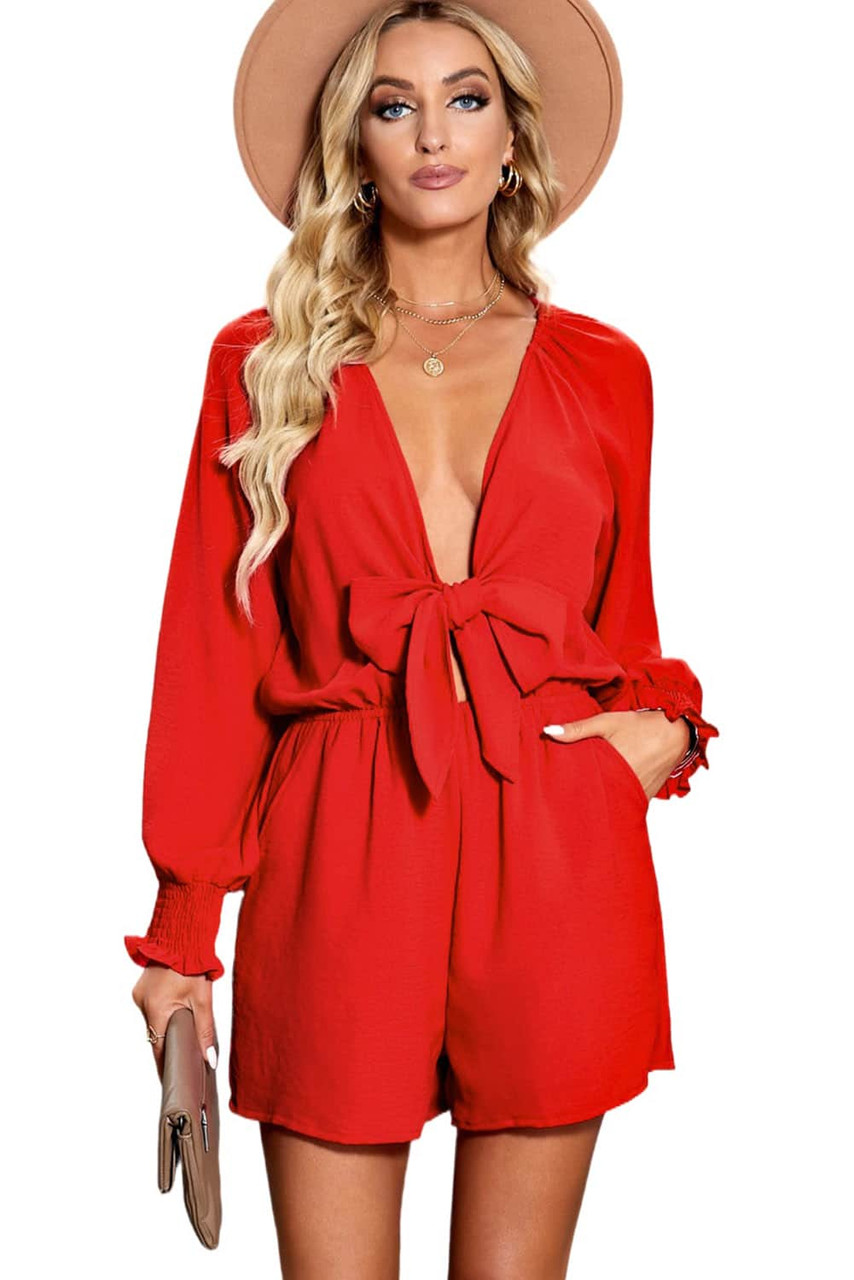Red Tie Knot Puff Long Sleeve Romper