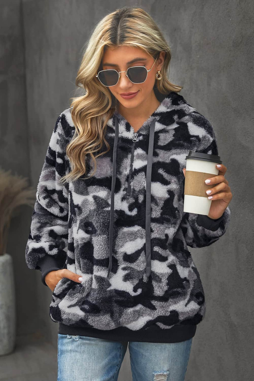 Gray Camo Print Warm Furry Pullover Hoodie