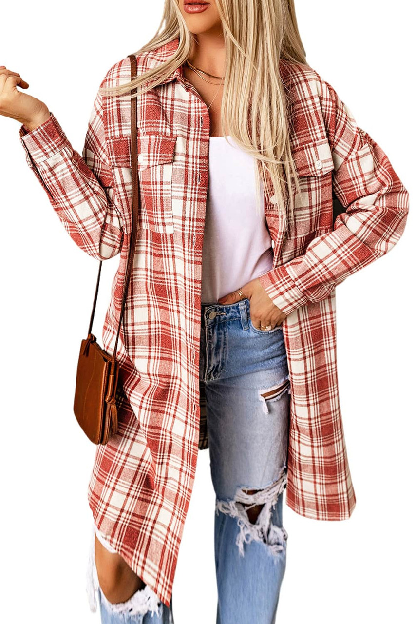 Red Plaid Print Button Long Shacket