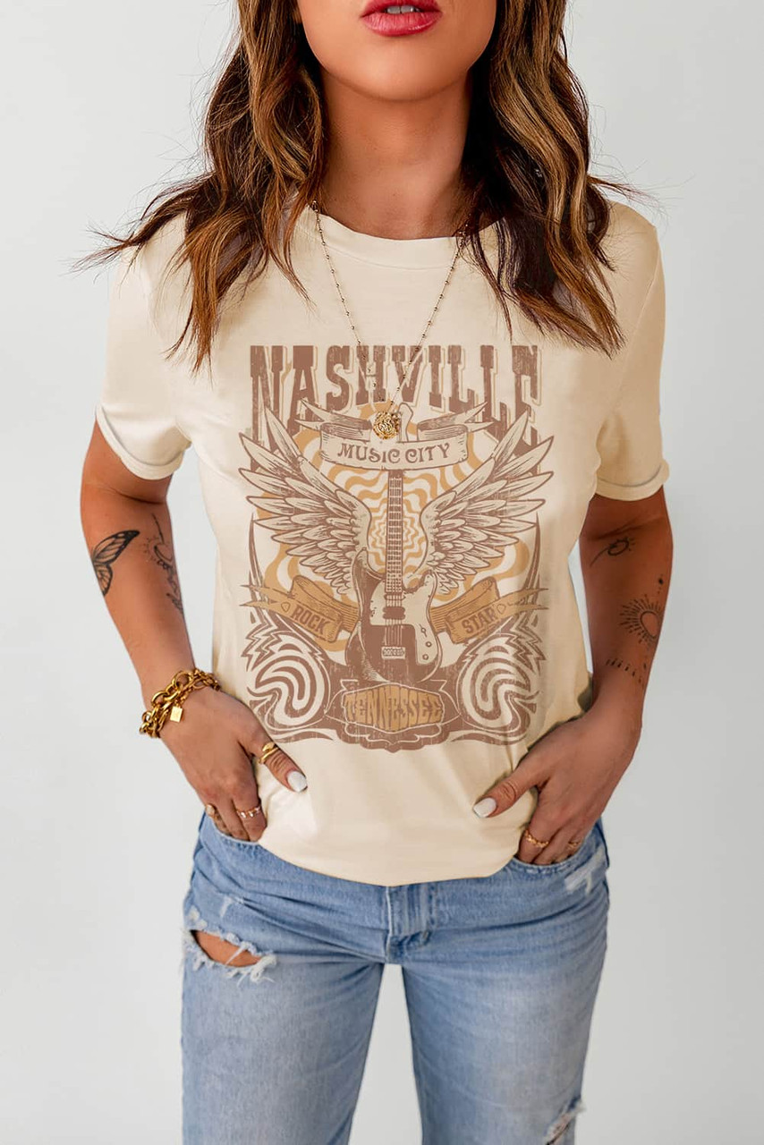 Khaki Music City Guitar Graphic Print T Shirt