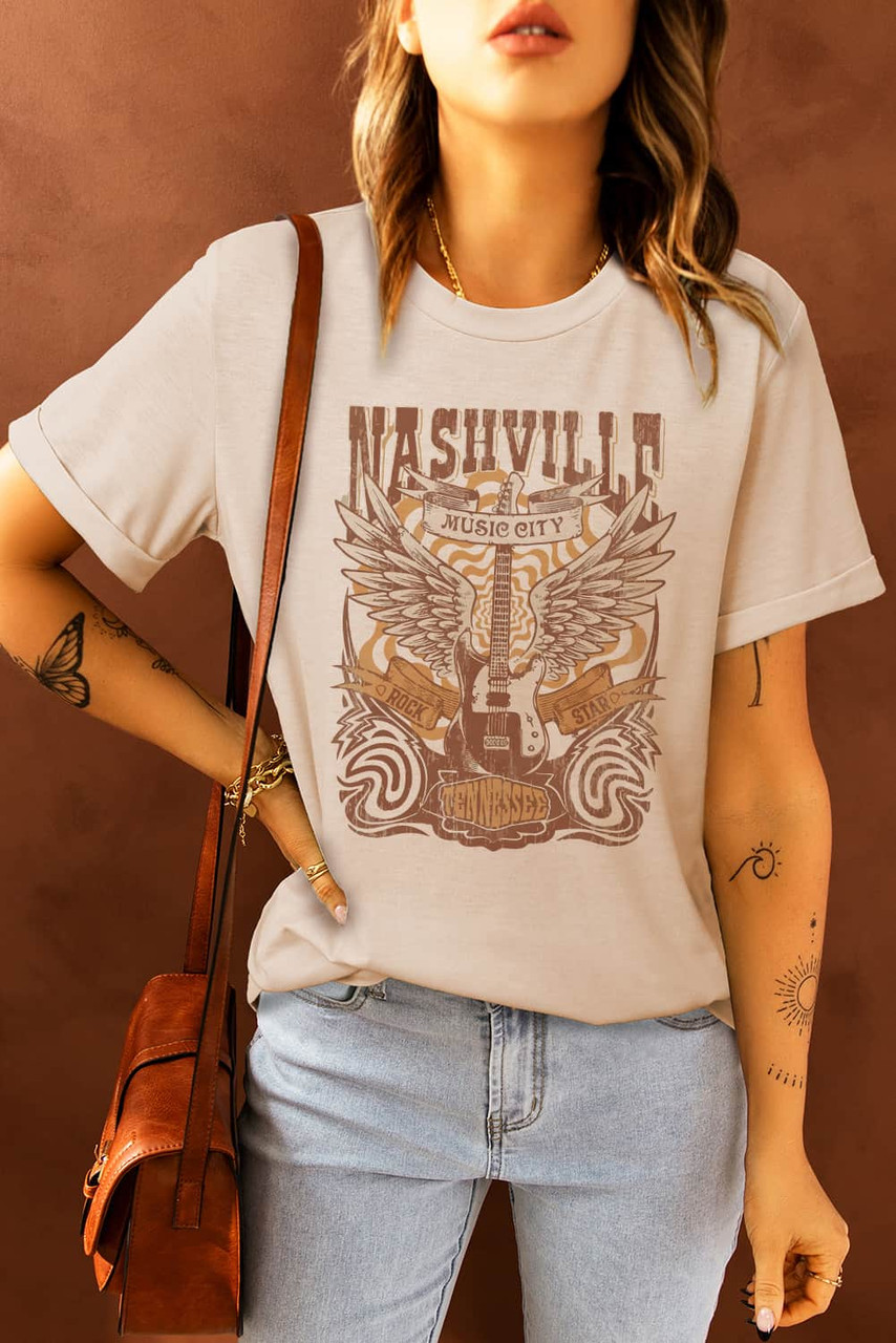 Khaki Music City Guitar Graphic Print T Shirt