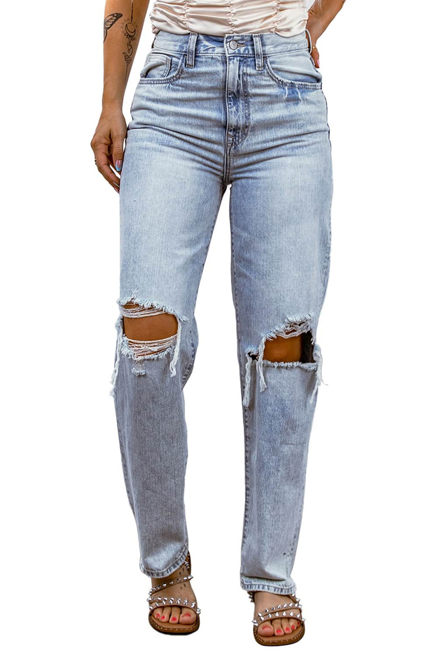 Sky Blue Hollow-out Knee Ripped Boyfriend Jeans