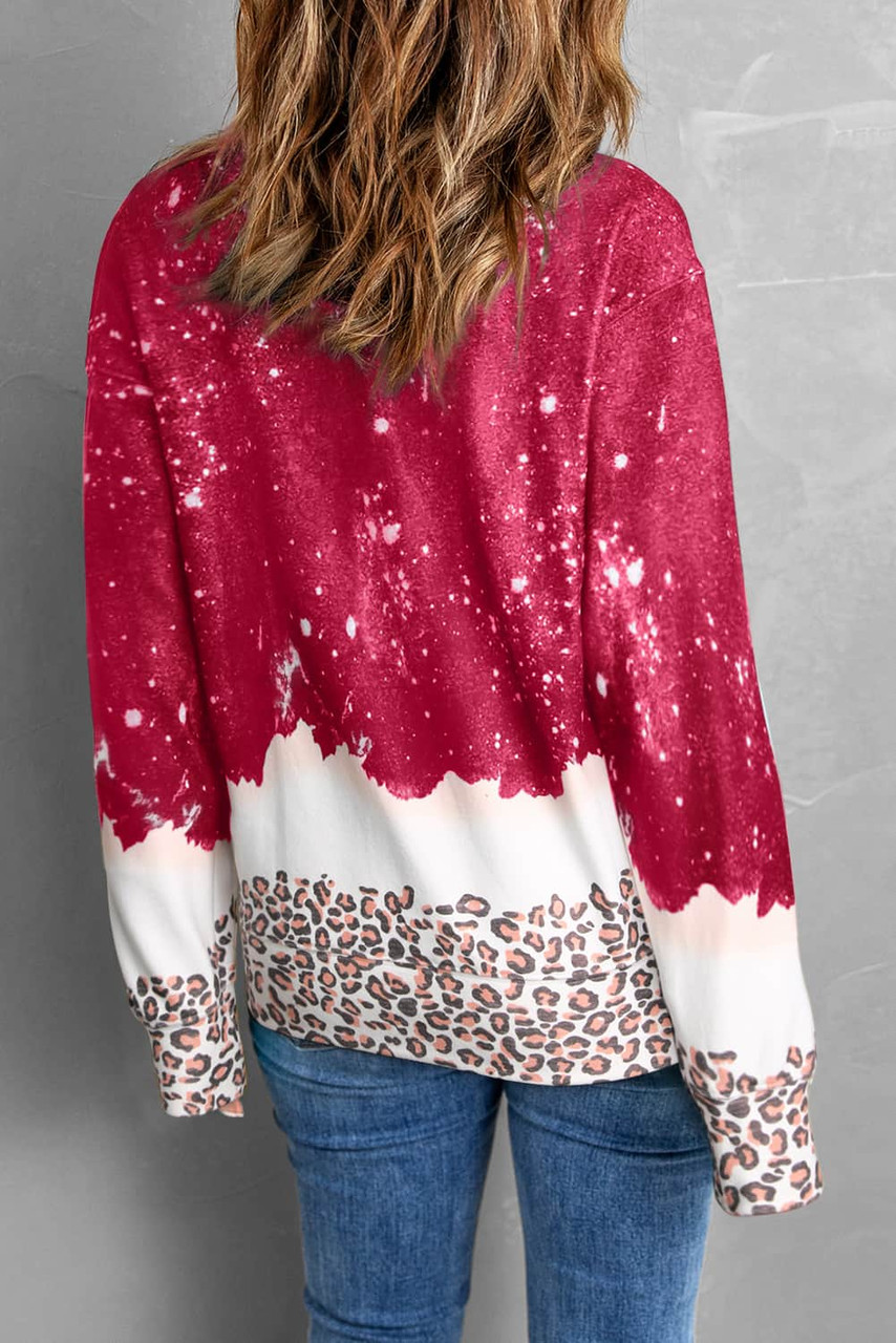 Red Leopard Bleached Pullover Sweatshirt dealstunnel