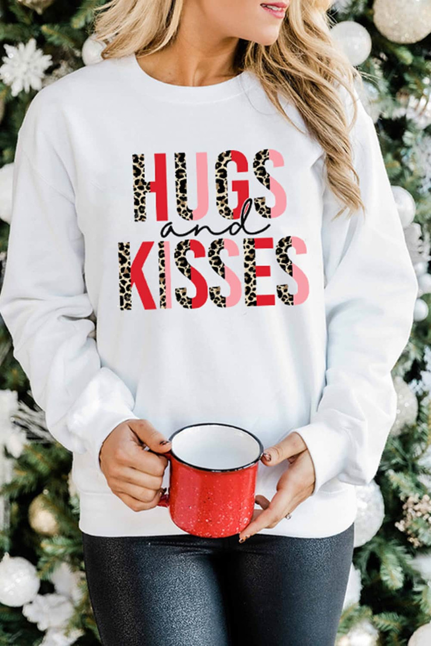 White HUGS and KISSES Leopard Long Sleeve Sweatshirt