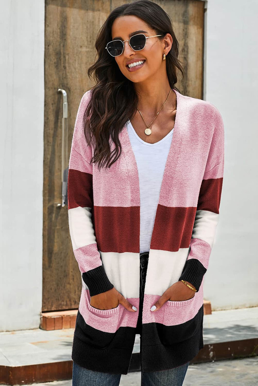 Pink Open Front Colorblock Cardigan with Pockets