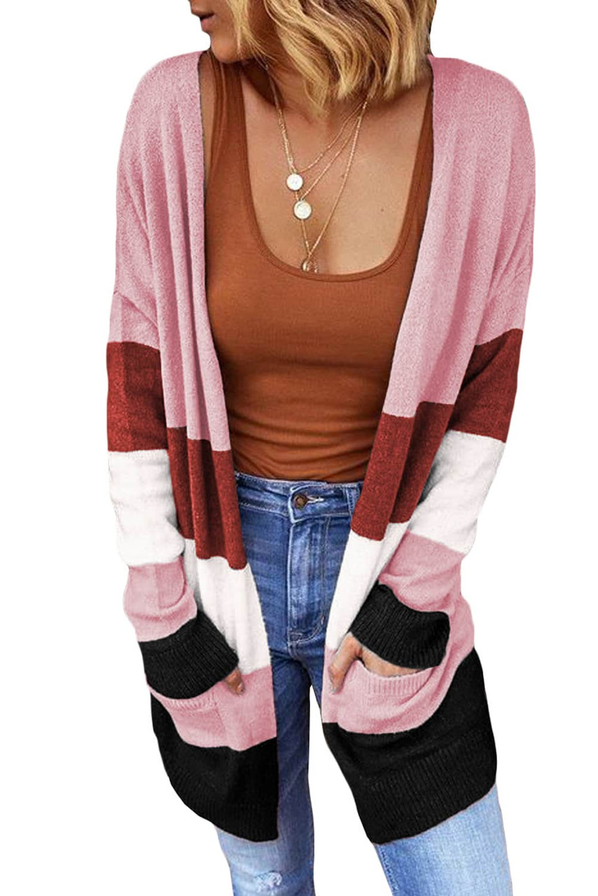Pink Open Front Colorblock Cardigan with Pockets