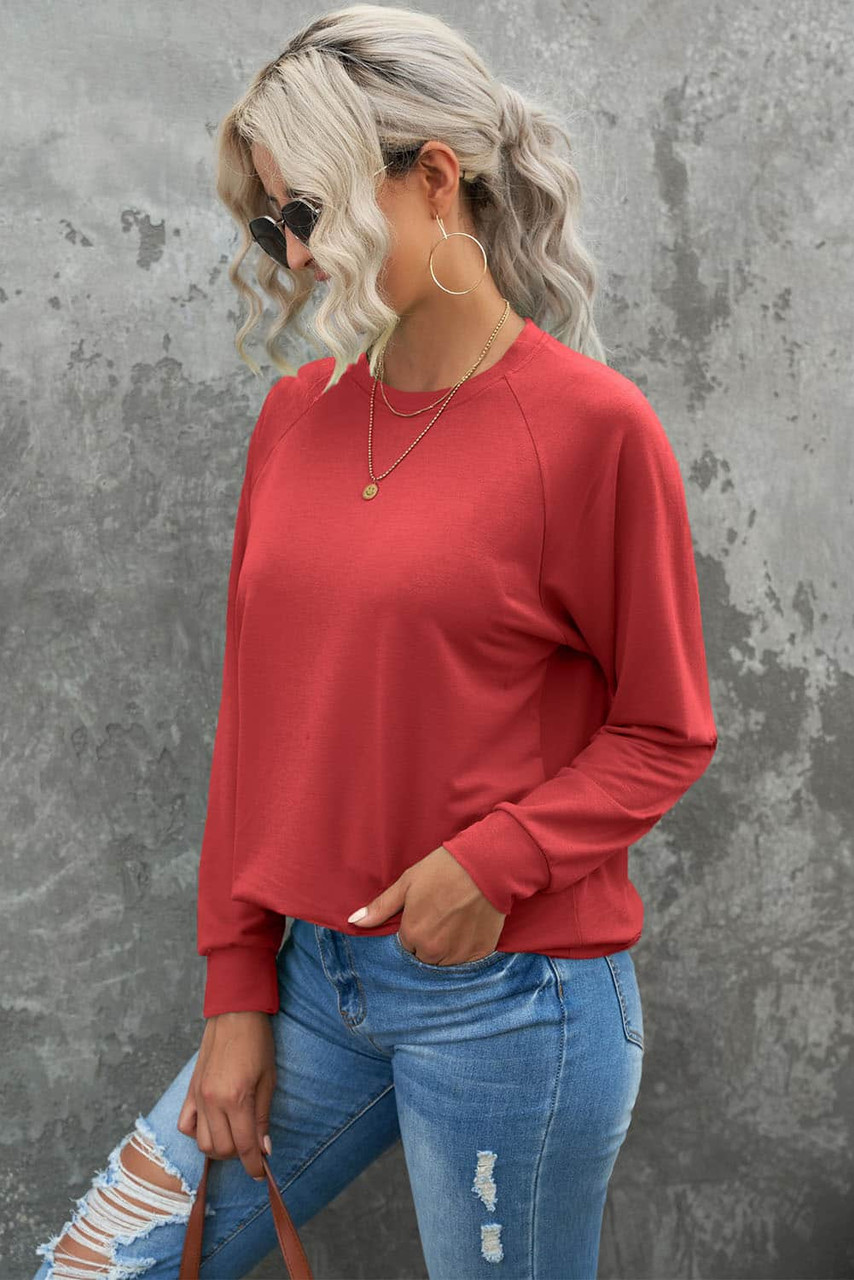 Red Solid Color Crewneck Pullover Sweatshirt