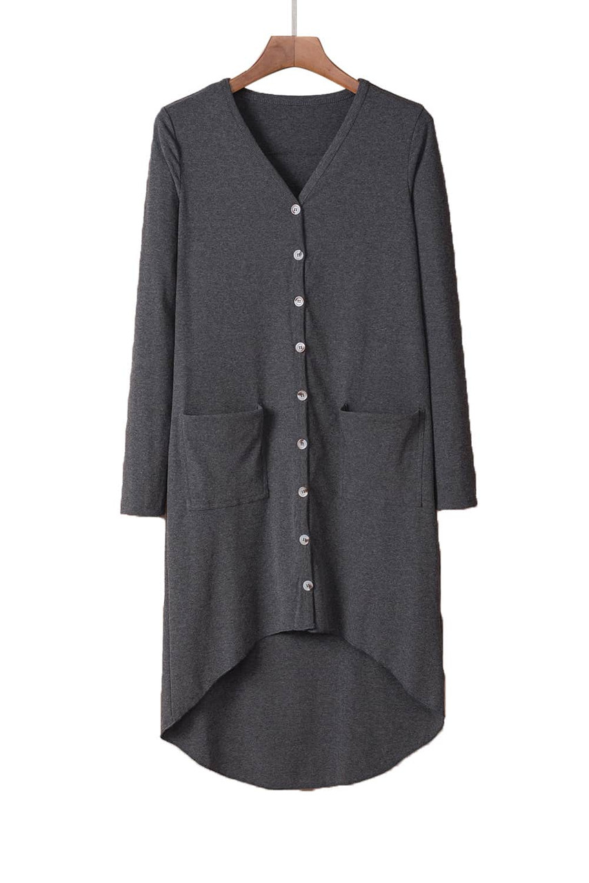 Gray Selected Button Down Pocketed High Low Cardigan