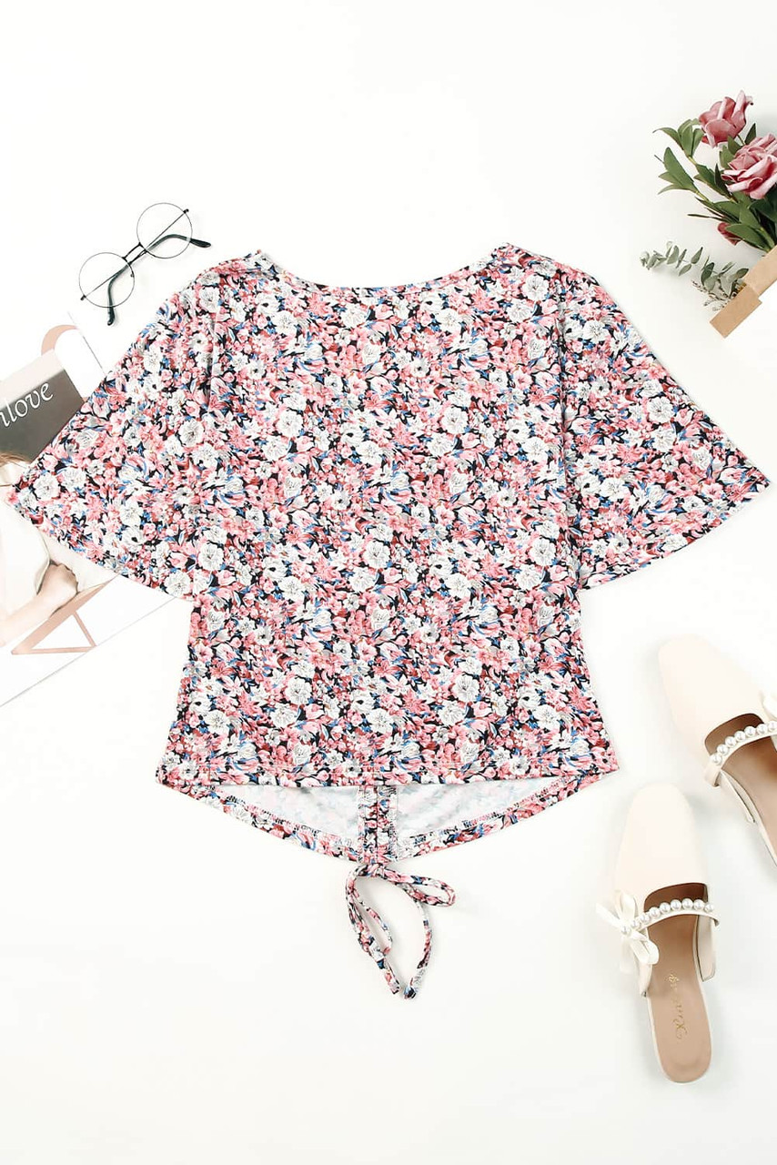 Multicolor Floral Drawstring Tie Center V Neck Blouse