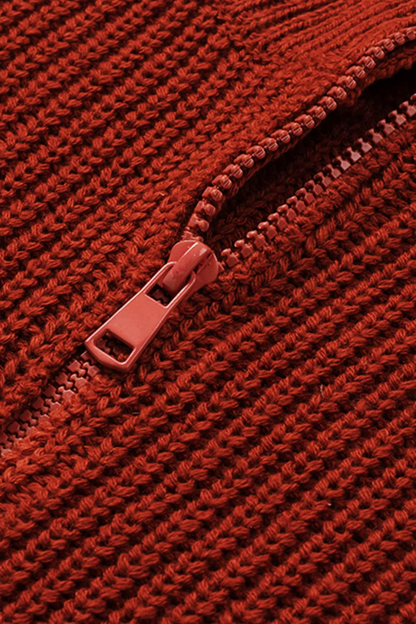 Red Zipped Turtleneck Drop Shoulder Knit Sweater
