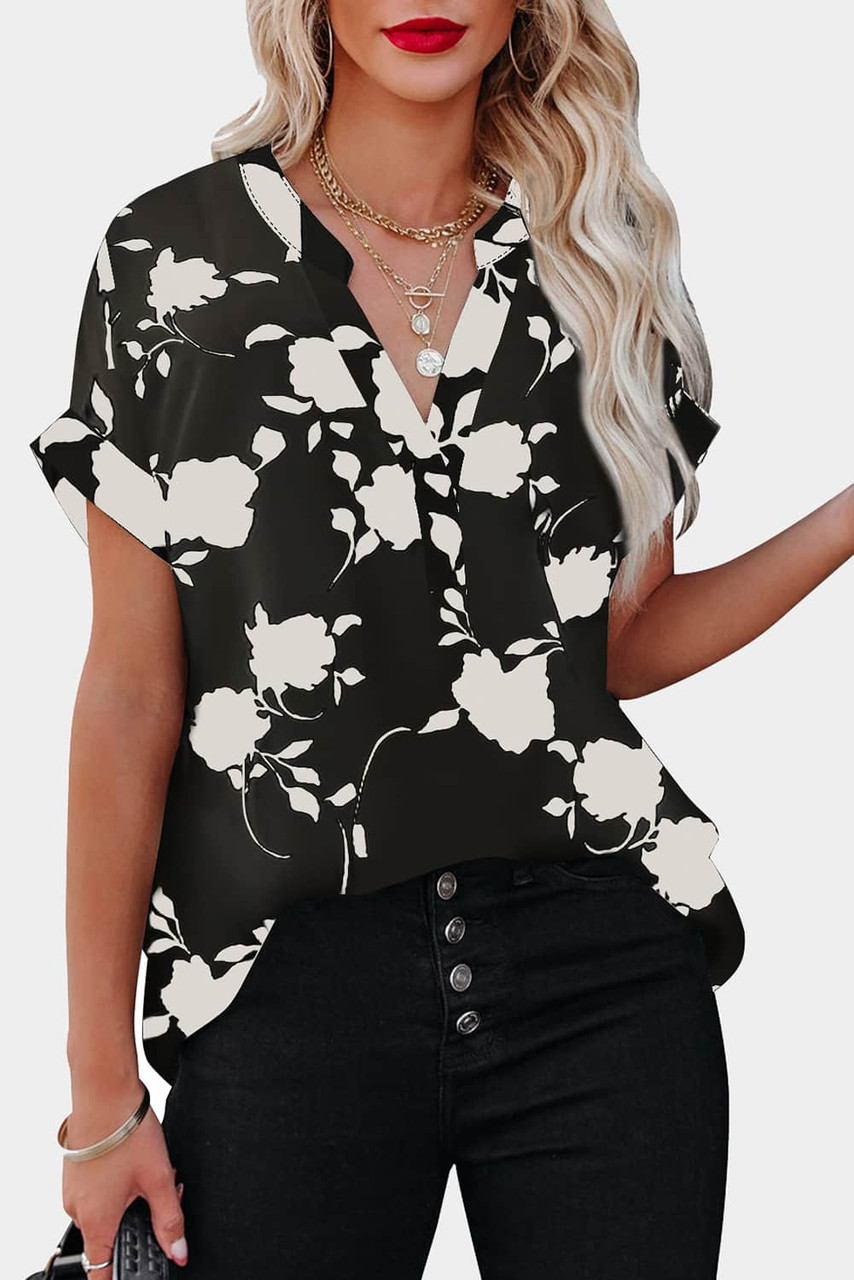 Black Floral Printed Short Sleeve Blouse