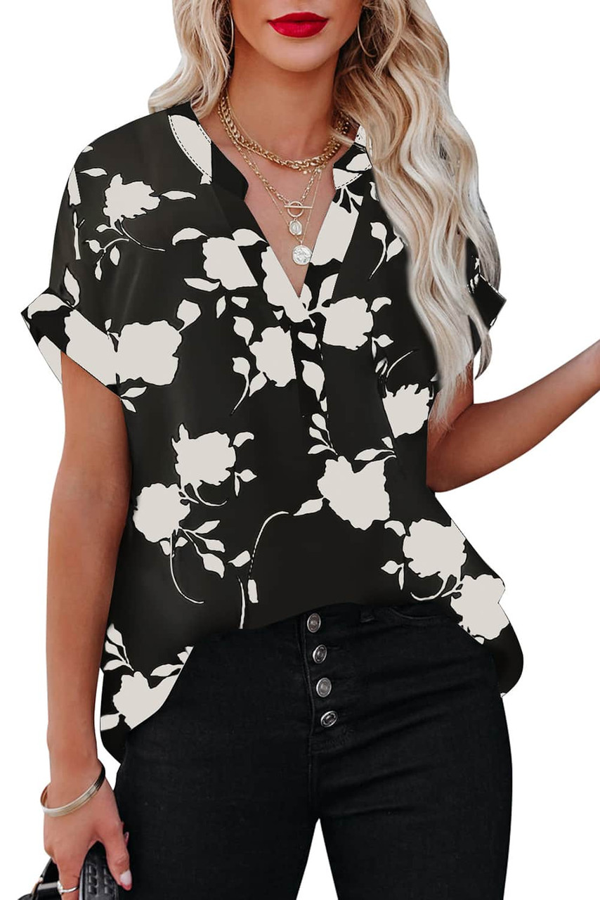 Black Floral Printed Short Sleeve Blouse