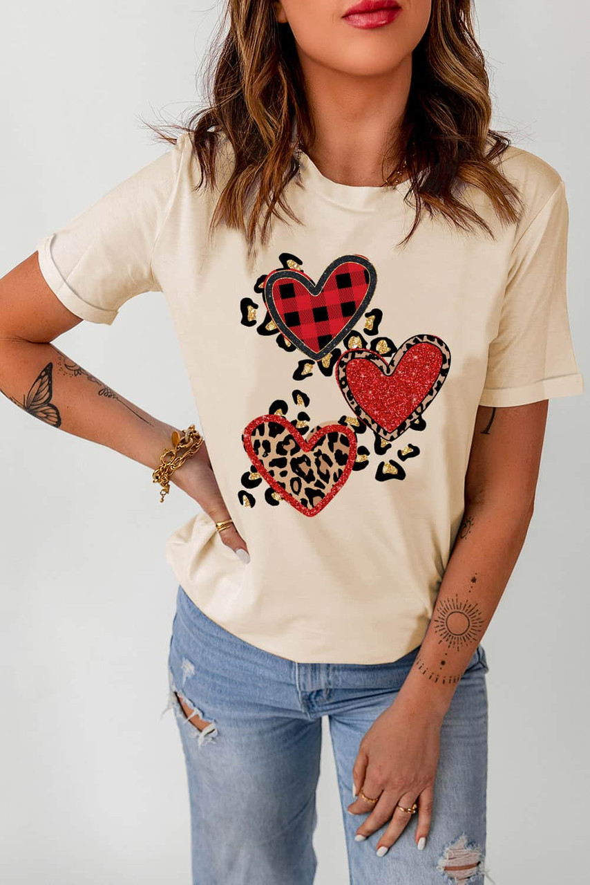 Khaki Heart-shaped Leopard Sequin Print Graphic T Shirt