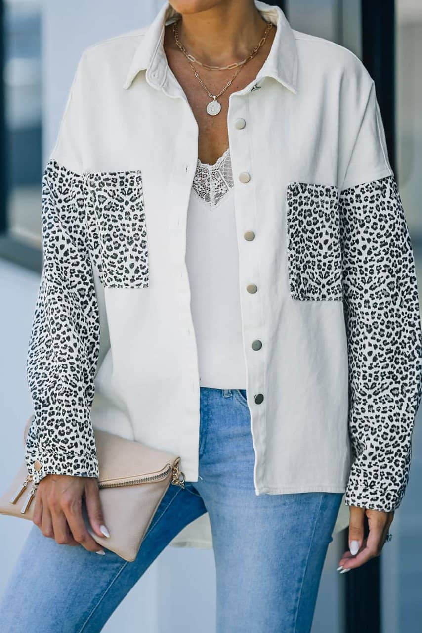White Contrast Leopard Denim Jacket White Contrast Leopard Denim Jacket