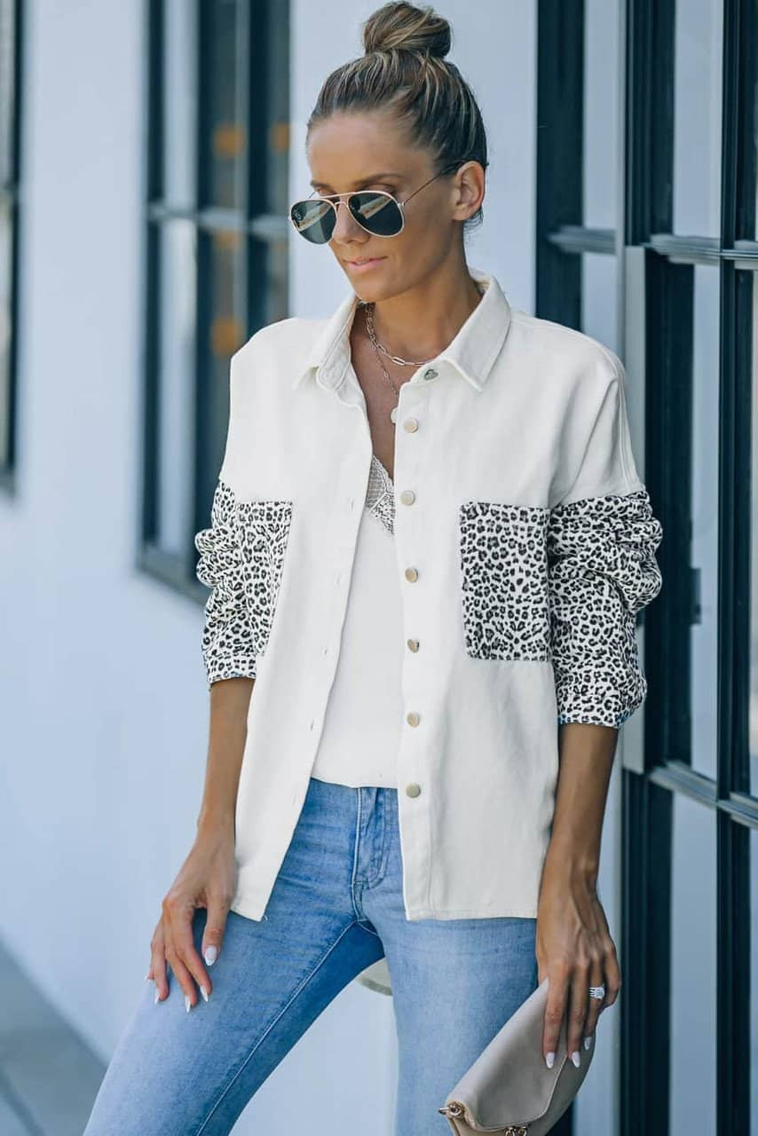 White Contrast Leopard Denim Jacket White Contrast Leopard Denim Jacket