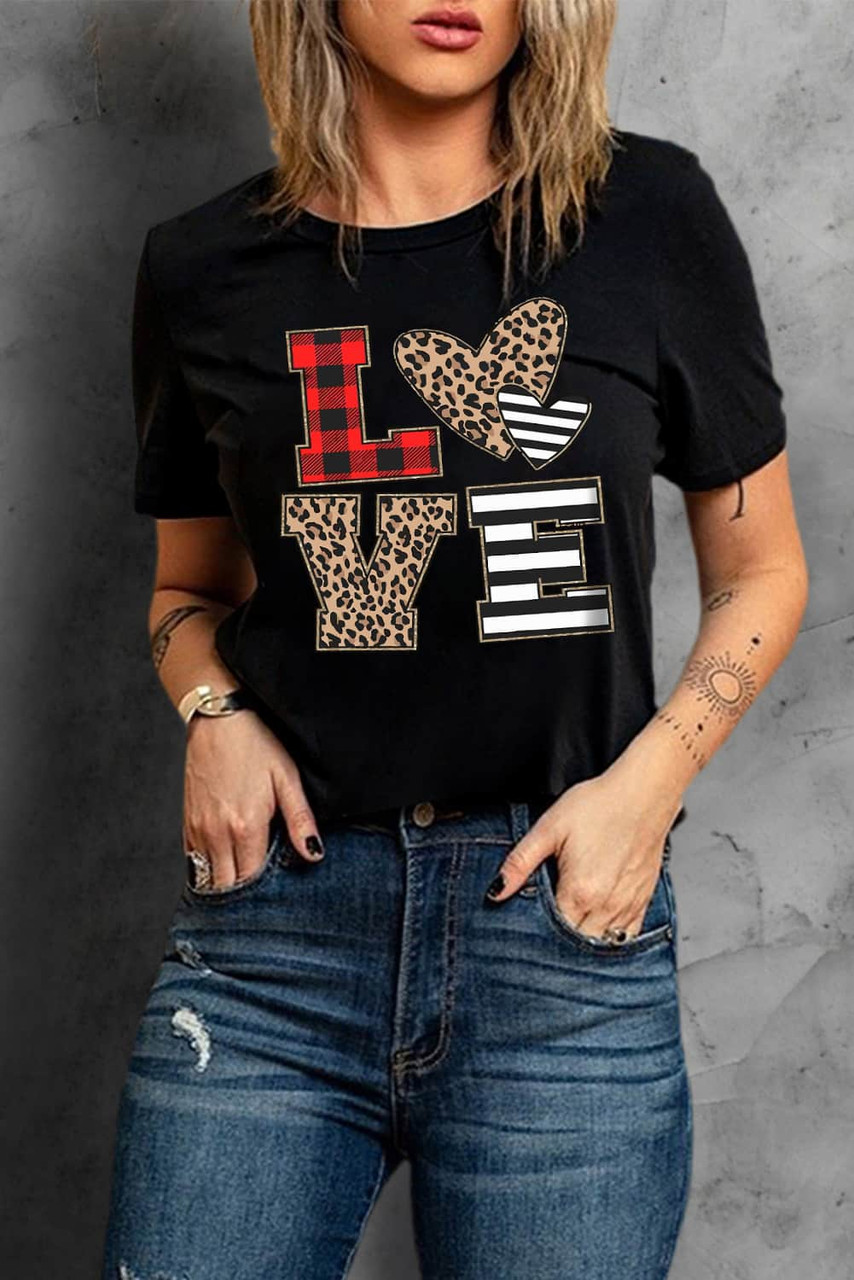 Black LOVE Heart Plaid Striped Leopard Print Graphic T Shirt