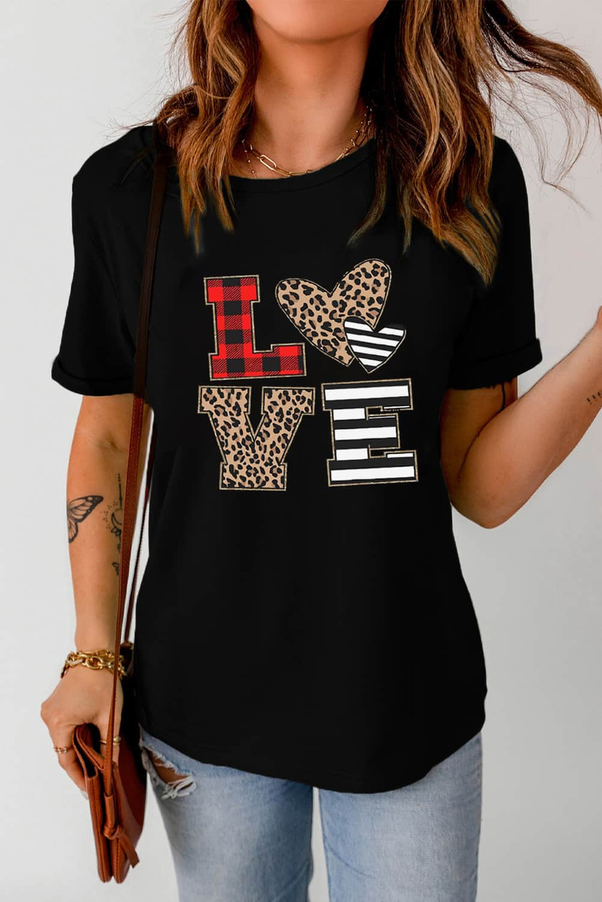 Black LOVE Heart Plaid Striped Leopard Print Graphic T Shirt