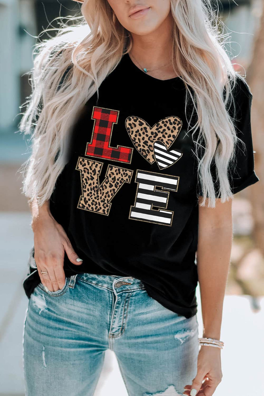 Black LOVE Heart Plaid Striped Leopard Print Graphic T Shirt