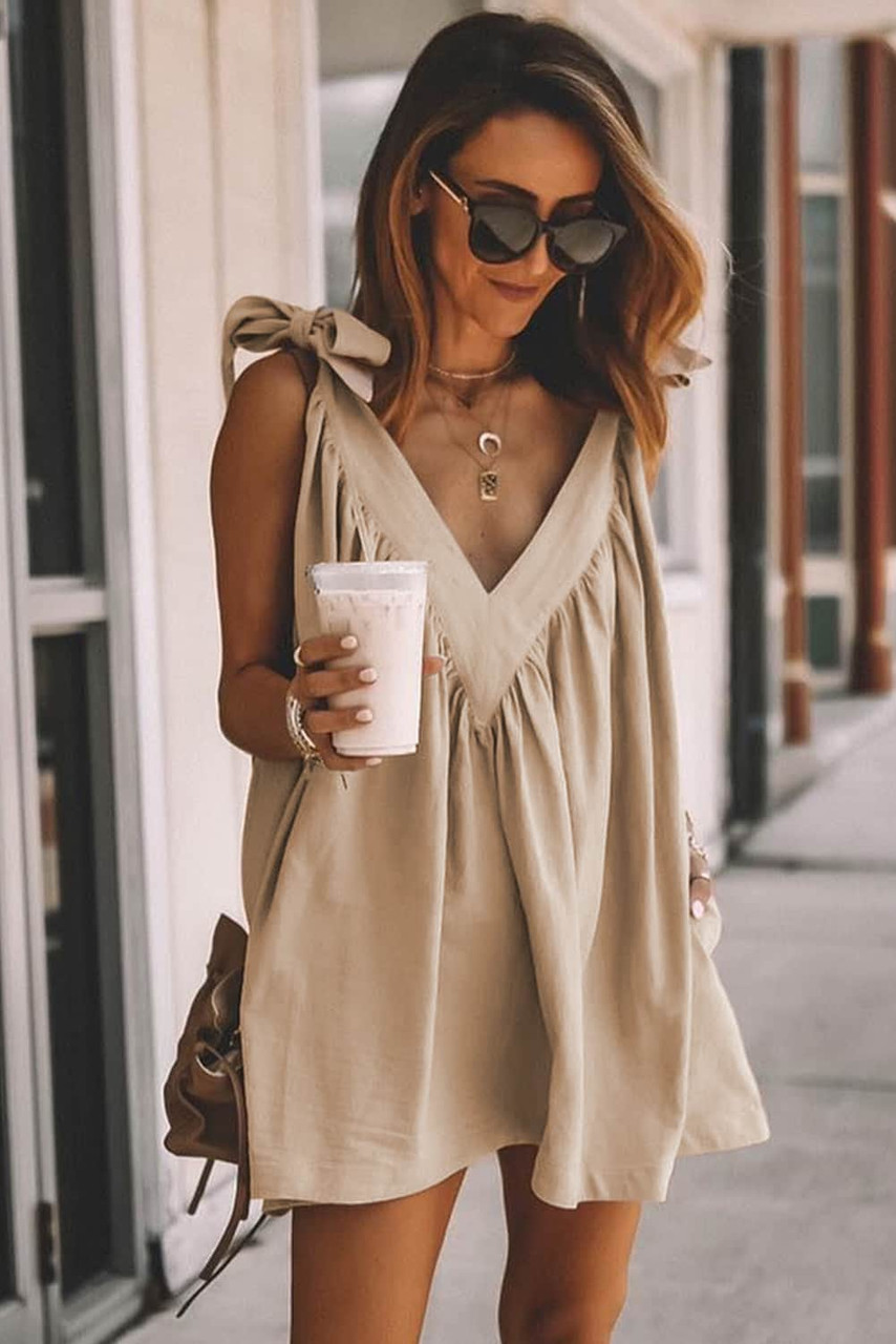 Apricot Deep V Neck Bow Knot Oversized Backless Mini Dress