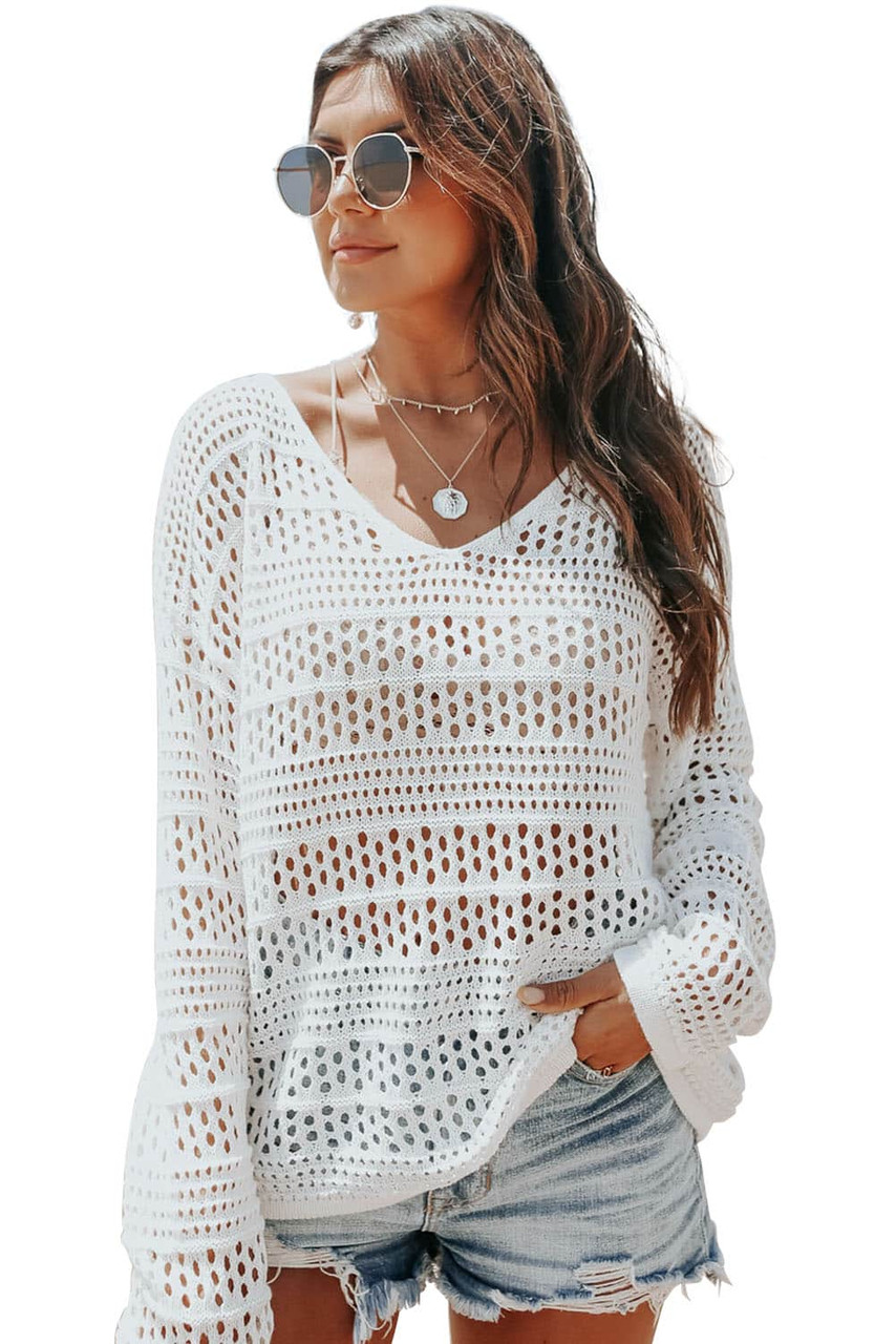 White Hollow Out Crochet V Neck Pullover Sweater