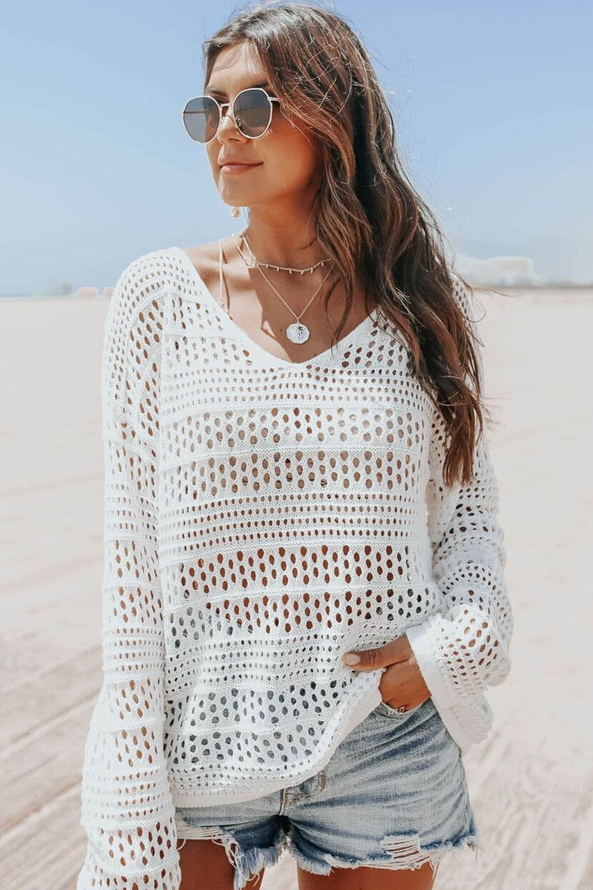 White Hollow Out Crochet V Neck Pullover Sweater